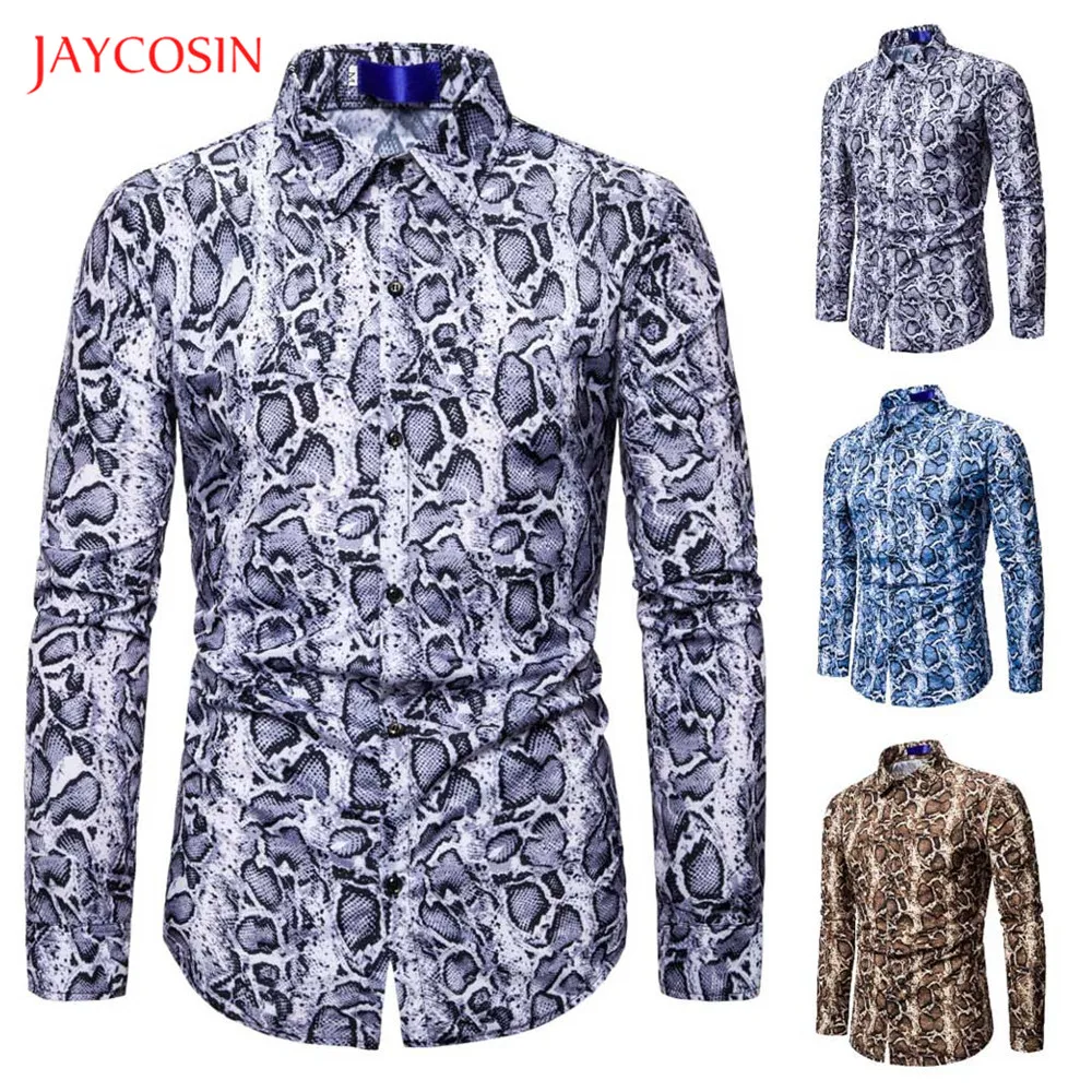 Joycosin, зимняя модная мужская рубашка, повседневная мужская одежда, змеиная кожа, принт, длинный рукав, кнопка, приталенная, Мужская официальная рубашка, уличная одежда