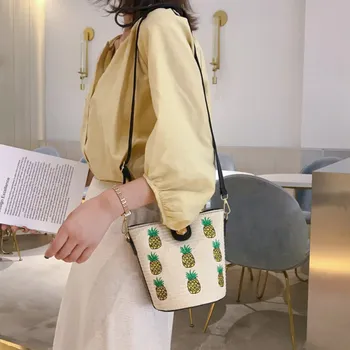 

Fashion pineapple embroidery shoulder diagonal woven bag bucket bag simple buckle embroidery straw messenger bags