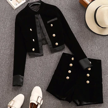 

HIGH STREET Newest Fashion Runway 2020 Suit Set Women's Velvet Jacket Double Breasted Lion Buttons Shorts Set