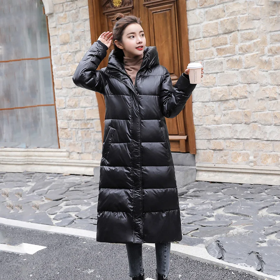 

Glossy Down Jacket Women 2024 New Winter Hooded Parka White Duck Down Jacket Long Outwear Female Thick Warm Loose Puffer Jackets
