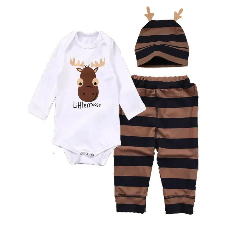 3PCS Set Newborn Baby Girl Boy Little moose pint white Romper Tops +brown striped Pants Hat Outfits Clothes 0-18M |