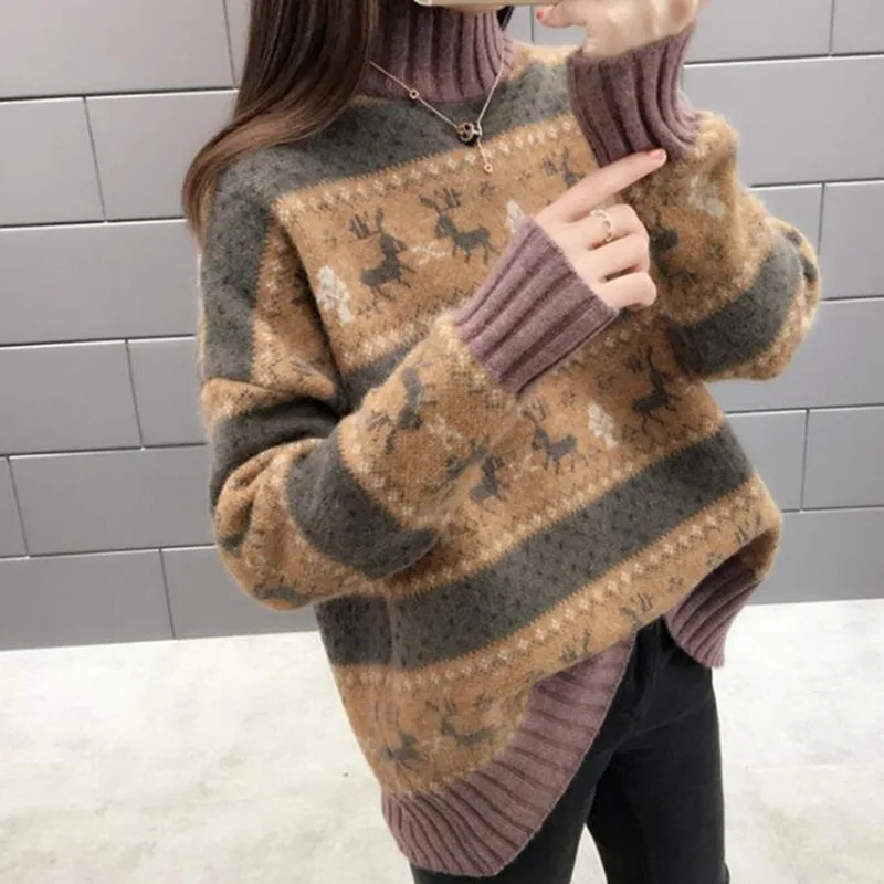 

Fashion Casual Christmas Sweater Women 2021 Winter Warm Jumper Loose Knitted Cashmere Sweater Pullover Top Pull Hiver Femme