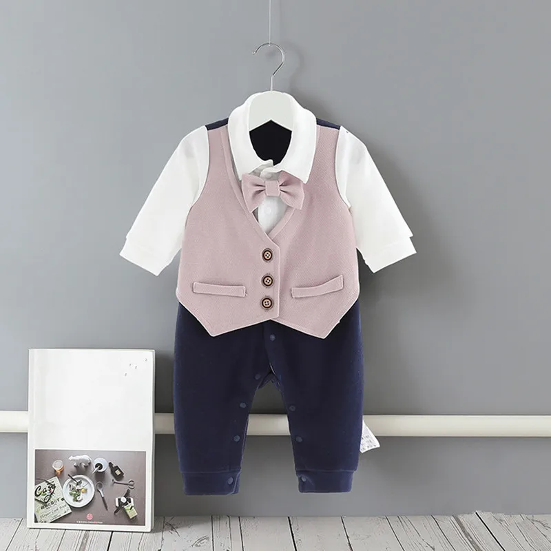 Комбинезоны для мальчиков, для новорожденных, для маленьких джентльменов, детский комбинезон, цельнокроеная одежда с длинными рукавами на весну и осень, с галстуком, От 0 до 2 лет - Цвет: Розовый