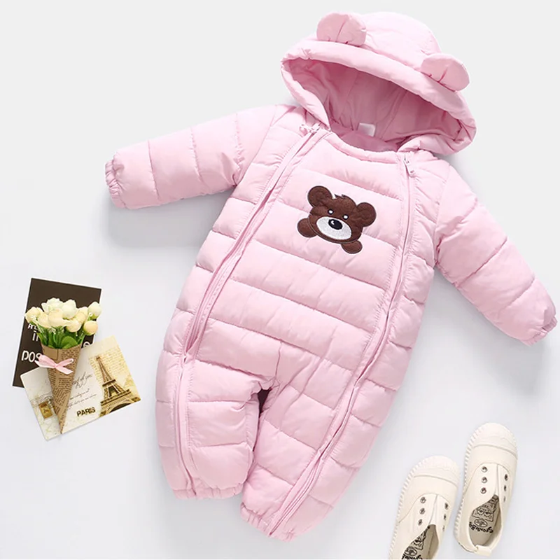 Зимняя одежда для новорожденных девочек; теплый комбинезон для мальчиков; зимний комбинезон для девочек; комбинезоны с капюшоном; пальто для детей; Детский комбинезон унисекс - Цвет: Pink