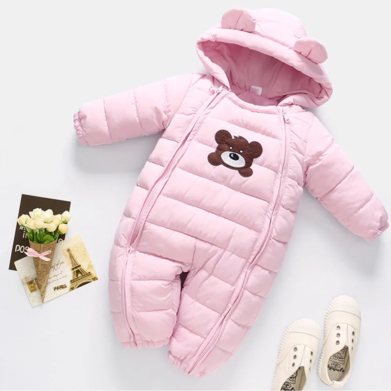 Pink Зимняя одежда для новорожденных девочек; теплый комбинезон для мальчиков; зимний комбинезон для девочек; комбинезоны с капюшоном; пальто для детей; Детский комбинезон унисекс - Цвет: Pink
