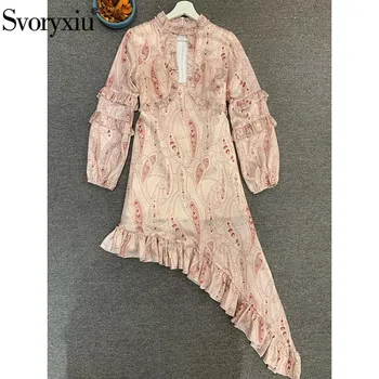

Svoryxiu Designer Sexy Summer Party Asymmetry Ruffles Dresses Women's Stand Collar Lantern Sleeve Print Elegant Midi Dress