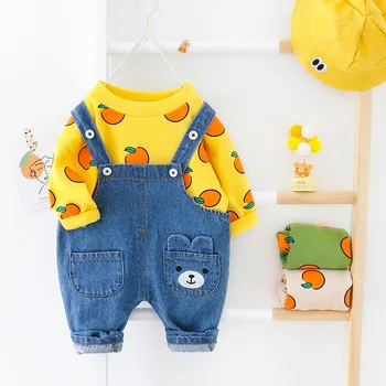 

Spring Autumn Baby Clothes Set Toddler Boy Long Sleeve Print Hoodie+Cowboy Suspenders Pants Two Piece Set Casual Newborn Outfit