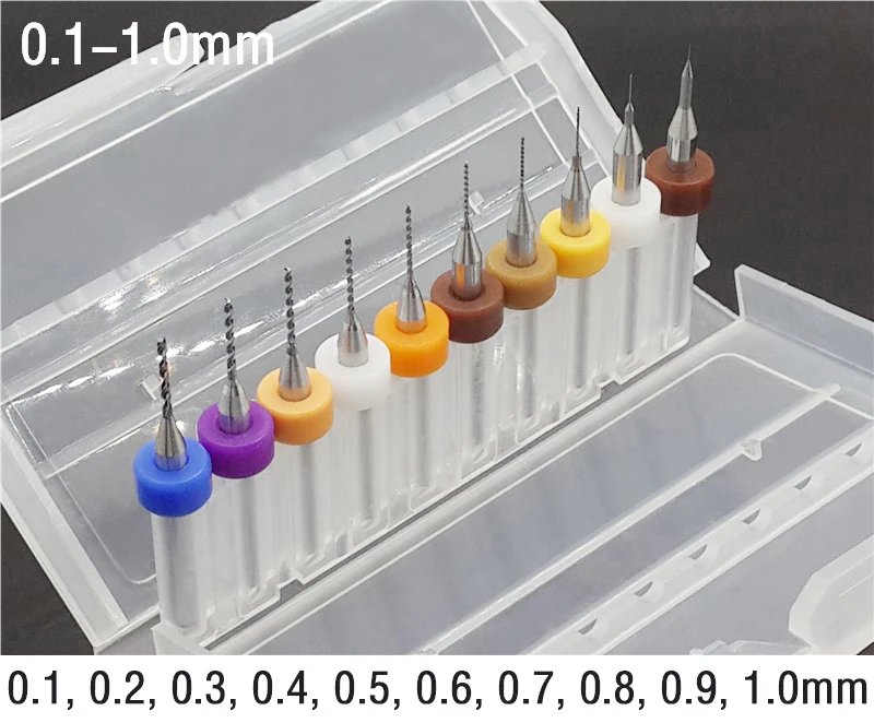 10 шт. набор 0,1 мм-2,0 мм Высокое качество твердого сплава печатная плата карбида микро-сверла, инструмент SMT CNC 1/8 спиральная флейта Bi