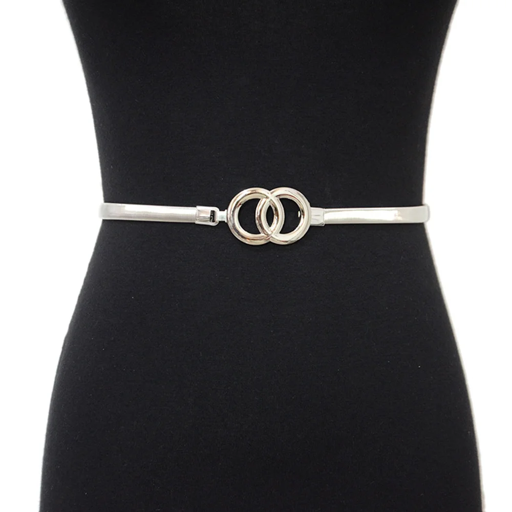 

Double Rings Chain Waist Belt for Women Elastic Stretch Silver Gold Belt Metal Thin Ladies Dress Belt Waistband