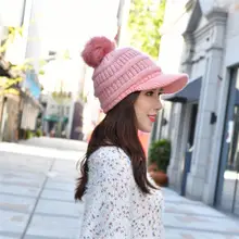 Женская однотонная вязаная шапка с пуговицами и помпоном, зимняя теплая вязаная шапка, подарок