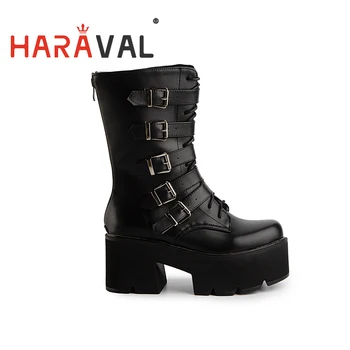 

HARAVAL Women Goth Platform Mid-Calf Boots Thick Bootom Zipper Fashion Y2k Black Motorcycle Biker PU Lady Shoes Cheap E133L