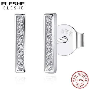 

ELESHE Real 925 Sterling Silver Bar Stud Earrings For Women Simple Crystal Zircon Geometric Earrings Female Wedding Jewelry Gift