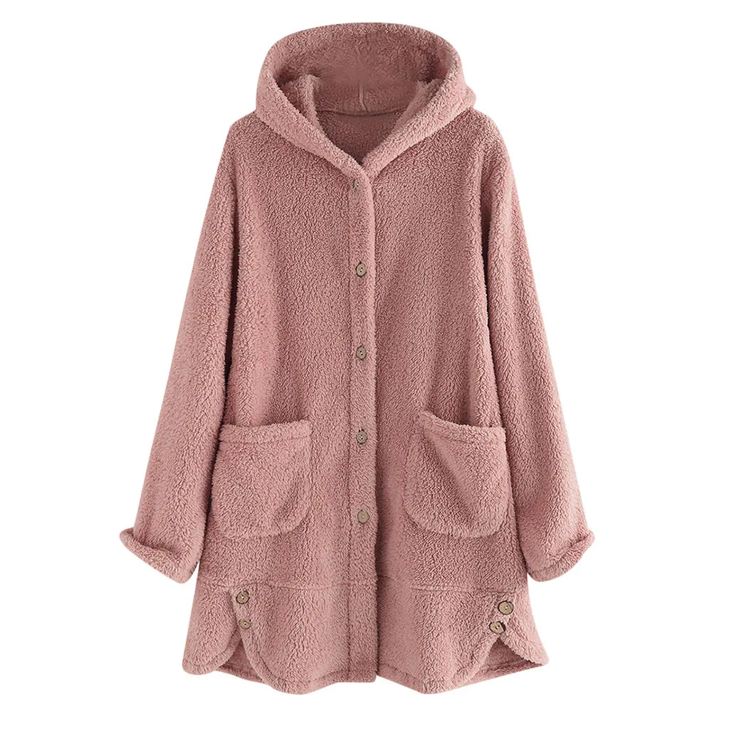 Winter Fashion Women Coat Button Fluffy Tail Tops Hooded Pullover Loose Sweater Oversize Coats Warm Outwear For Female#J30 - Цвет: Pink