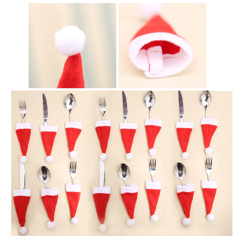 

100 Pcs Small Christmas Hat Non-woven Hat for Knife and Fork Tableware Christmas Decorations 2021 navidad ofertas