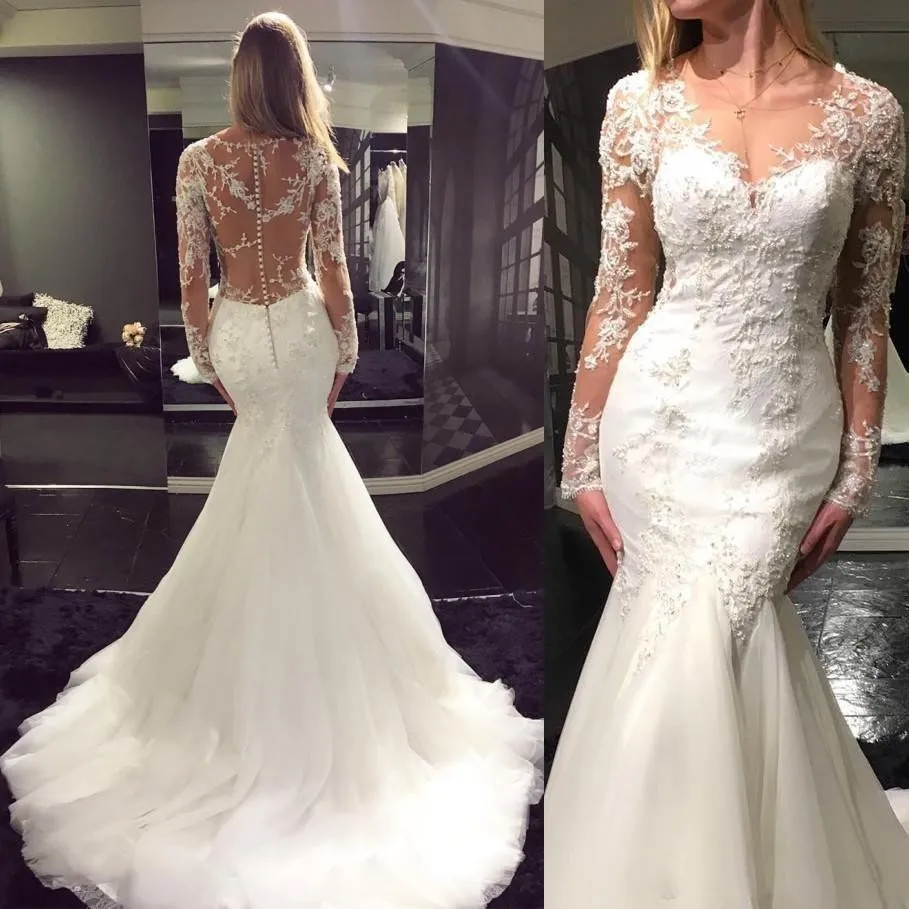 

New Long Sleeves Wedding Dresses Mermaid 2020 Sheer Illusion Back Appliques Lace Bridal Gowns Custom Made Vestidos De Mariage