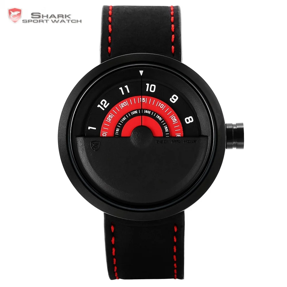 

Shark Sport Watch Men New Turntable Dial Red Analog Quartz Soft Crazy Horse Leather Unique Design Mens Wristwatch /SH421