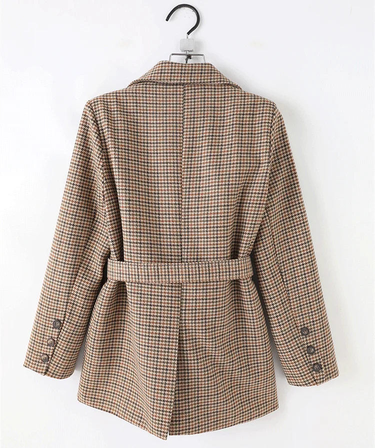 Fashion Double Breasted Office Women Plaid Blazer With Belt Long Sleeve Houndstooth Blazer Suits Coats Female Slim Jacket Coat