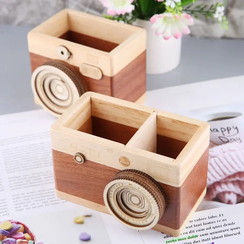 

Creative Camera Pattern Wooden Pen Pencil Case Holder Stand Desktop Sundries Storage Box Multi Purpose Use