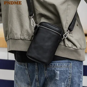 

PNDME casual simple genuine leather men's small shoulder bag fashion high quality real cowhide daily black phone messenger bags