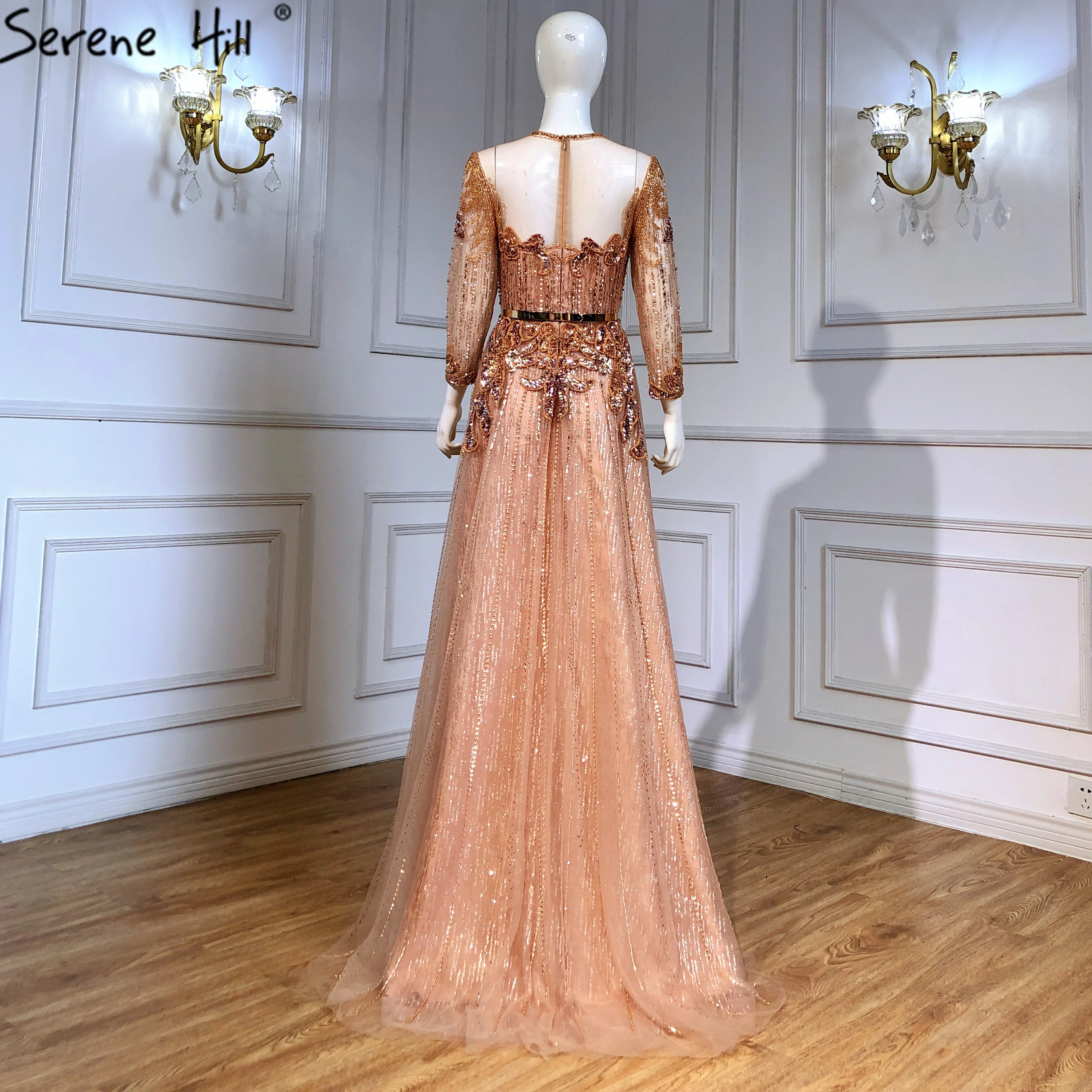 SERENE HILL Customized Muslim Rose Gold A-Line Evening Dress Gown