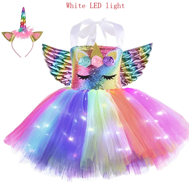 Kids World Book Day Unicorn Costume Girls Birthday Party LED Lights Sequin Rainbow Tutu Dress Shiny Princess Cosplay Costume LED style-C
