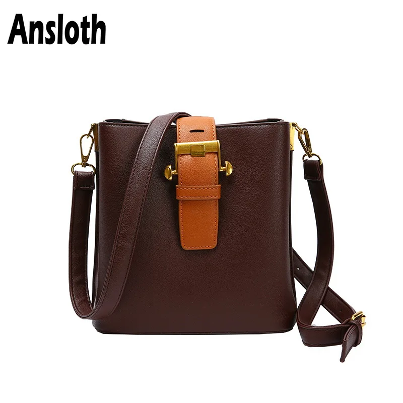 

Ansloth Small Bucket Bag Women Special Button Shoulder Bag Lady Simple Handle Bag Hit Color Crossbody Bag Female Handbag HPS787