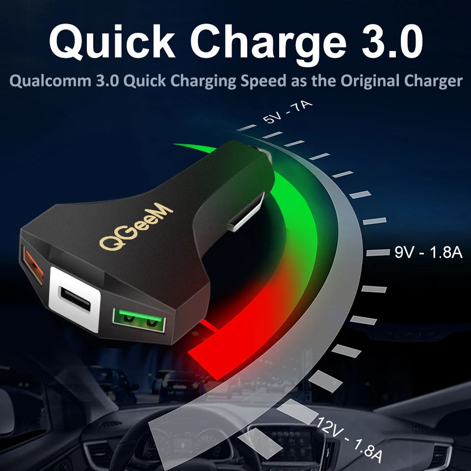 QGEEM USB C автомобильное зарядное устройство Quick Charge 3,0 Авто Тип C быстрое автомобильное зарядное устройство адаптер молоток 3USB портативное автомобильное зарядное устройство для iPhone Xiaomi