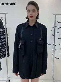 

Free shipping tooling style stitching ribbon zipper pocket decoration loose shirt ladies autumn new fashion personality top