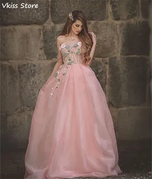 

Light Pink Evening Dress 2020 New Flowers Beads One Shoulder Sweetheart Neck A-line Floor Length Prom Dress