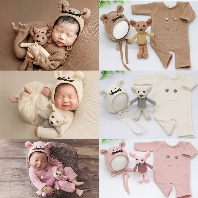 

KLV 3 Pcs/set Newborn Photography Props Suit Knitted Cotton Jumpsuit Hat Mouse Doll Infant Photo Shooting Clothes Outfits