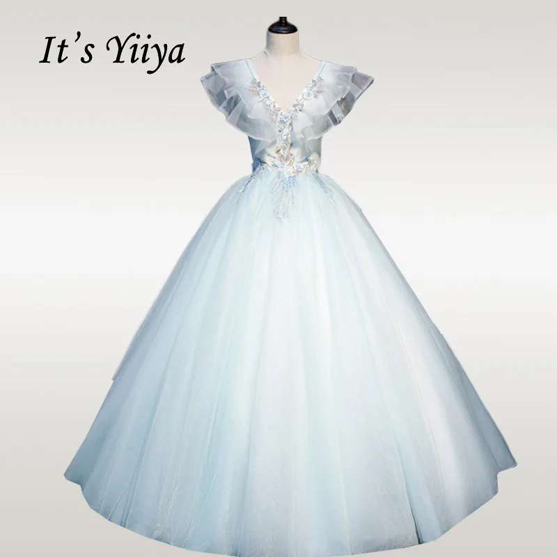 

It's YiiYa Wedding Dress Elegant Deep V-neck Ruffles Flowers Wedding Ball Gowns Plus Size Sleeveless Long Robe De Mariee CH189