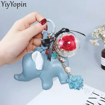 

Cartoon Elephant Female Keychain Creative DIY Eternal Flower Accessories Handmade PU leather Car Bag Keyring Pendant Lovers Gift