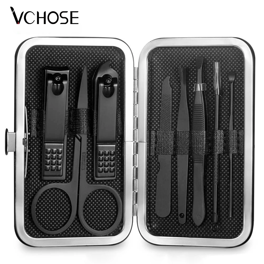 Cortaúñas portátil de acero inoxidable, pinzas, tijeras profesionales con caja, kit de cortador de manicura, 8 Uds.