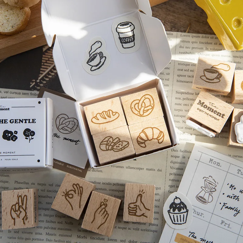 4 Uds. De Mini adhesivos para hornear café, Set de sellos de goma de madera para álbum de recortes, decoración para hacer tarjetas