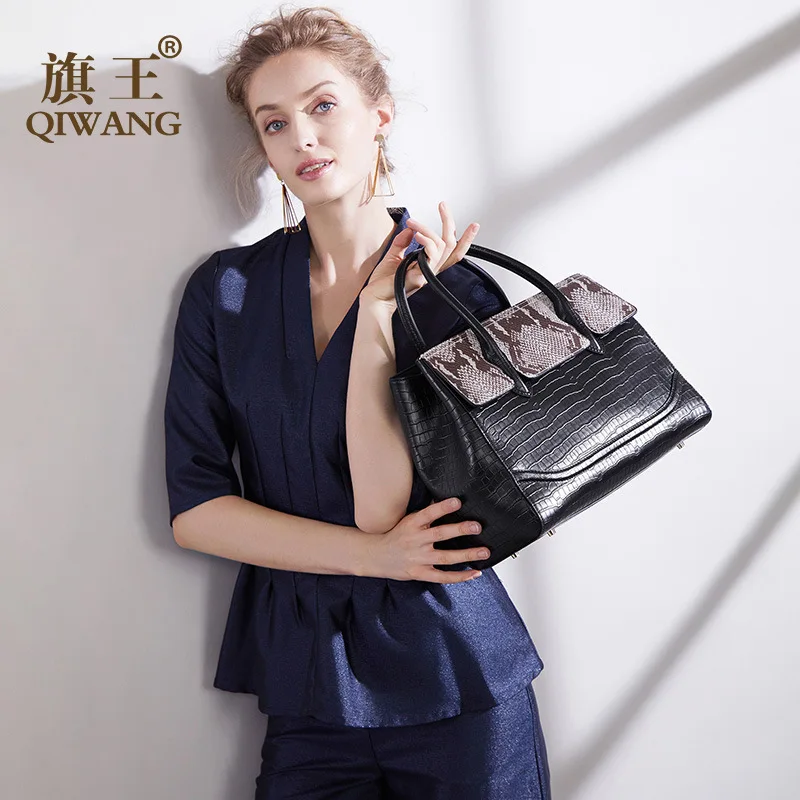 

Wang Bag Women's 2019 Spring And Summer New Style Fashion Crocodile Pattern Contrast Color Snakeskin Large-Volume Women's Genuin