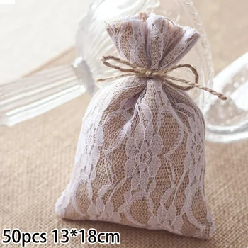 

50 Burlap Lace Gift Bags W/Twine 13*18CM Wedding Favor Jewelry Pouch Burlap Drawstring Bag Jewelry Gift