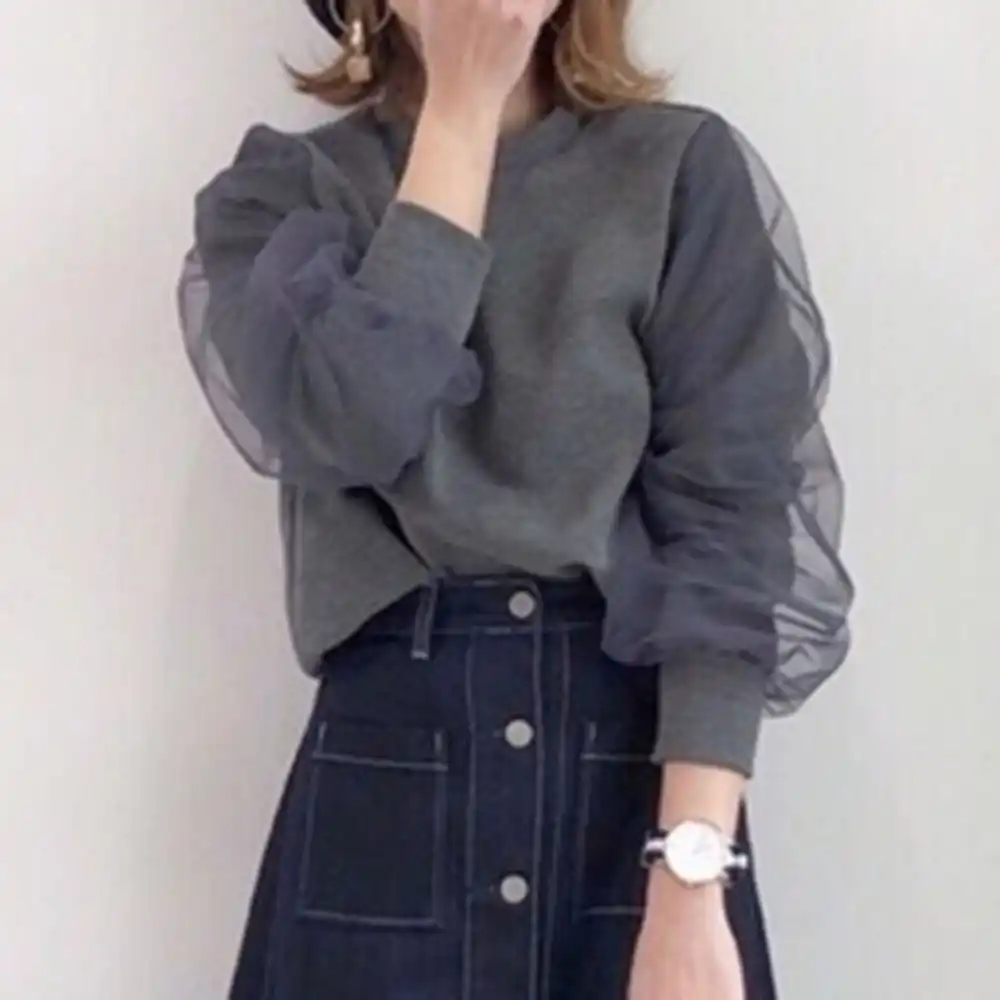 Frauen T Shirt Langarm 2020 Fruhling Herbst Korean Fashion Solid Grau Mesh Patchwork Weibliche Tops Madchen Pullover Susse Shirts T Shirts Aliexpress