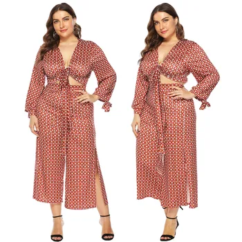 

KALENMOS Women Fashion Dot Print Long Sleeve Large Size Set Suits Ladies Autumn Cropped Trouser Set Clothe Cross Strap Plus Size