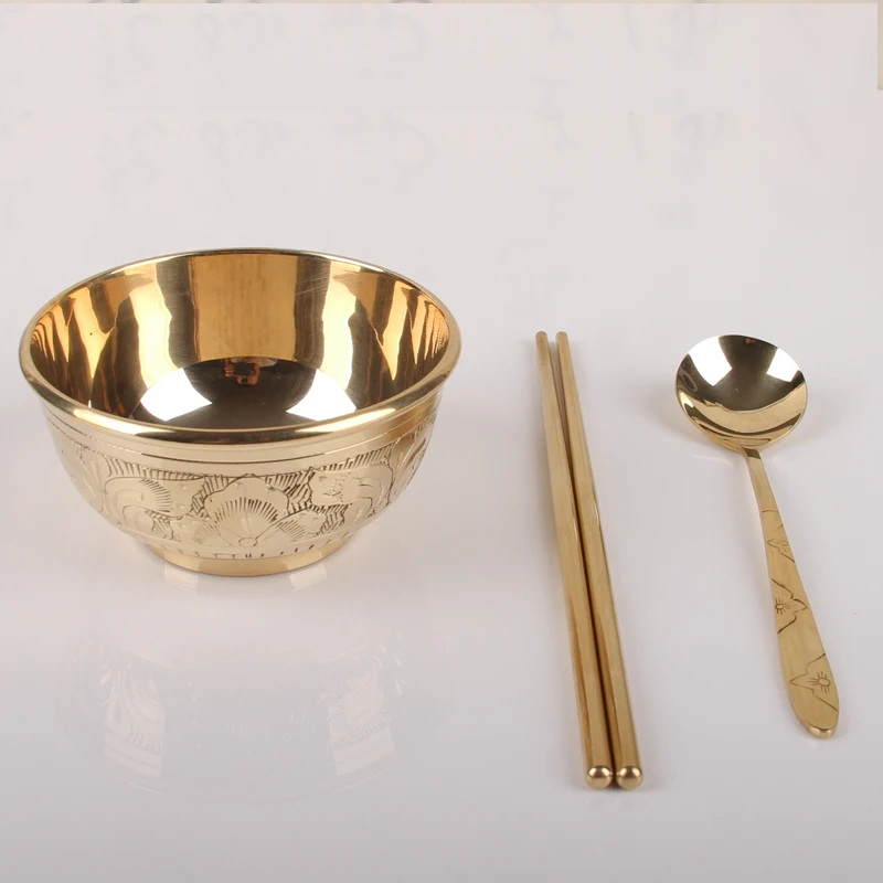 4-5-6 inch copper bowl rice bowl India imported pure copper bowl household tableware set copper chopsticks spoon noodle bowl - Color: Silver