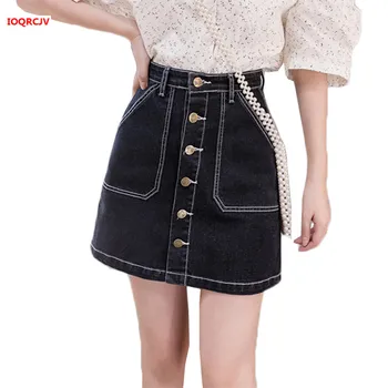 

On Sale Denim Skirt High Waist A-line Mini Skirts Women 2020 Summer New Ladies Single Button Short Jean Skirt Blue Black W1924