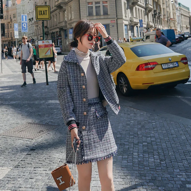 

Western Style Online Celebrity Two-Piece 2020 Spring And Autumn New Style Short-height Significantly Higher Outfit Law Plaid Gra