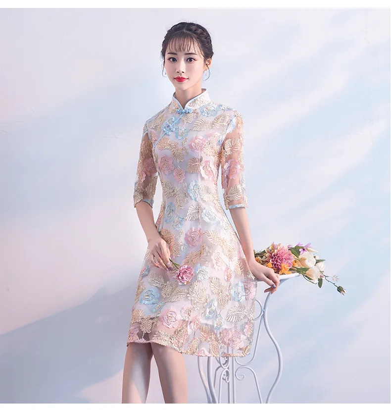 Кружево средней длины улучшенное Cheongsam облегающее сексуальное розовое короткое платье для девочек