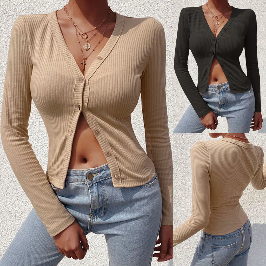 

pull femme nouveaute 2019 sweater women V-Neck Solid Button Knitted Slim Long Sleeve Short jersey mujer truien dames