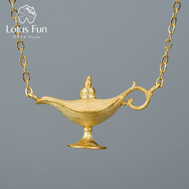 Lotus Fun 18 К золото Аладдин лампа кулон ожерелье Настоящее 925 пробы серебро натуральный ручной работы дизайнерские ювелирные изделия для женщин - Цвет камня: Золотой