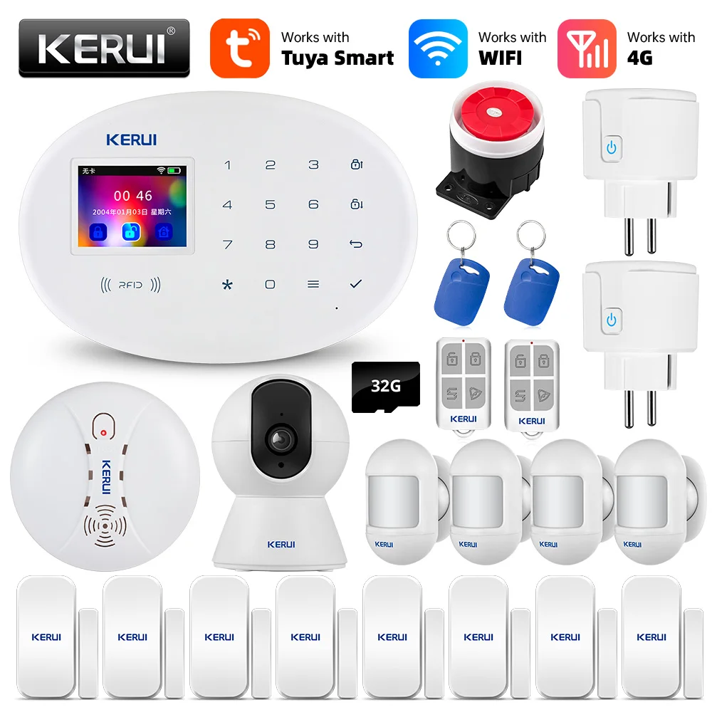 sound alarm device KERUI Tuya WIFI GSM 4G Smart Home Security Alarm System RFID APP Wireless Siren Sensor Detector IP Camera Sistema de alarmas security led lights Alarms & Sensors