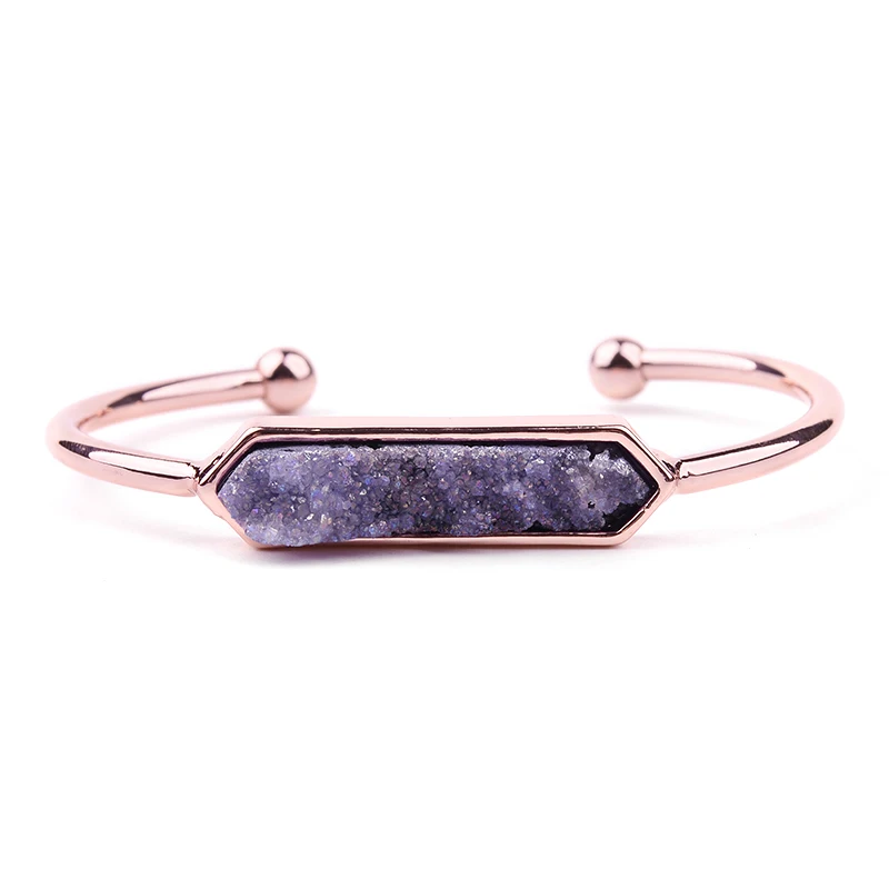 Бренд BOJIU, Женские Ювелирные изделия, женские браслеты, женские браслеты с натуральным Druzy камнем, модные простые женские манжеты BR024 - Окраска металла: 18-Rose Gold Purple2