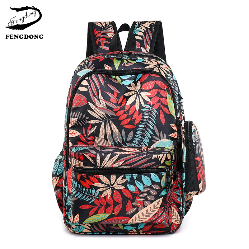 Laptop Backpack School-Bags Waterproof Teenage Girls Women for Leaf-Print 2pcs/Set