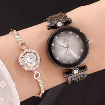 

Watch Woman Gift Set Luxury Bracelet Wrist Watch With Jewelry Bangle Set Rhinestones Stainless Steel Gradient Dial Watch