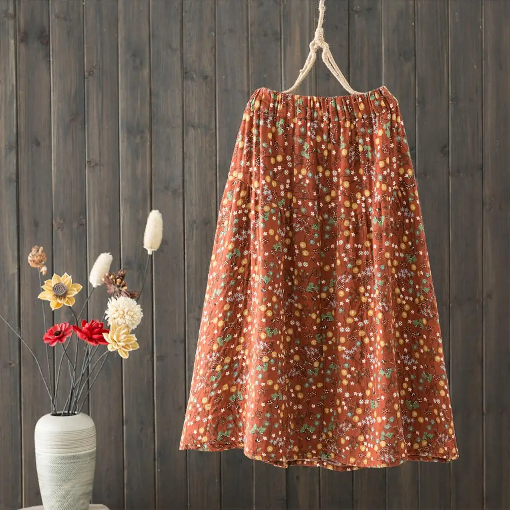 Women Skirt Print Floral 2020 Spring Autumn Elastic Waist Long Skirts Fashion Loose A line Women Skirt