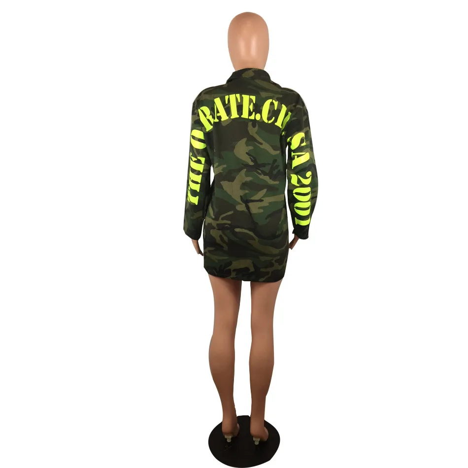 Women's Green Camouflage Long Jackets Plus Size Long Sleeve Camo Streetwear Coat femme